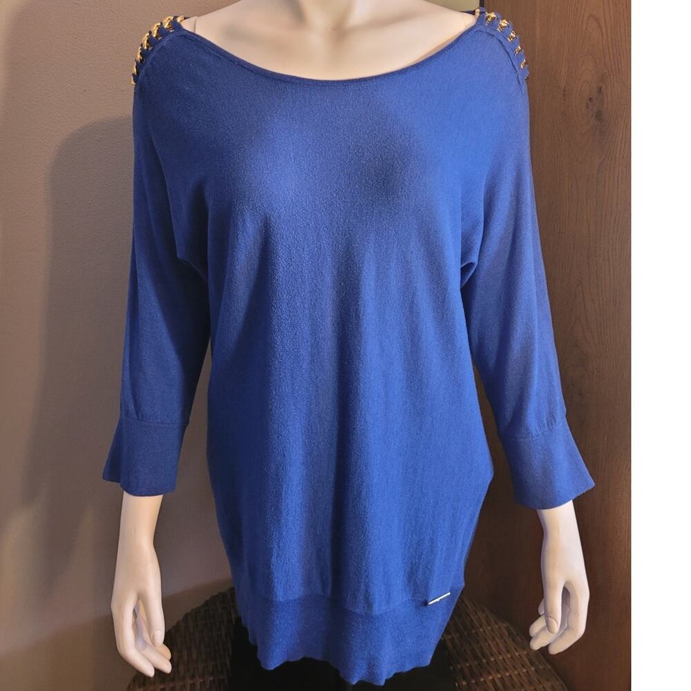 Oversized Knit Sweater Chain Shoulder Detail Blue Casual Luxe Michael Kors Med